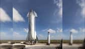 À Boca Chica, le Mk1, un des deux prototypes du Starship, trône à côté de l'étage principal du Falcon 9. © SpaceX, E. Musk
