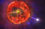 Sur cette vue d'artiste, la matière éjectée par une supernova SN Ia se dilate initialement très rapidement, mais ralentit ensuite progressivement, formant une bulle géante complexe de gaz incandescent et chaud. Finalement, la naine blanche qui a partiellement explosé (voir l'article) et qui a été éjectée de son système binaire, dépasse ces couches gazeuses et débute son voyage à travers la Galaxie. © University of Warwick, Mark Garlick