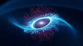 Vue d’artiste du pulsar de Vela, au centre, et sa magnétosphère, dont la périphérie est marquée par le cercle brillant. Les traces bleues émergeant vers l’extérieur illustrent les trajectoires des particules accélérées. Celles-ci produisent le rayonnement gamma le long des bras d’une spirale tournante, par collisions avec des photons infrarouges émis dans la magnétosphère (en rouge). © Science Communication Lab for DESY