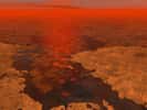 Cette interprétation artistique du paysage de Titan présente une atmosphère brumeuse, des dunes sombres et des lacs et des mers lisses comme des miroirs qui ressemblent à ceux de la Terre. Sur ces masses d'hydrocarbures liquides, de nouvelles recherches suggèrent que l'apparition d'« îles magiques » pourrait être provoquée par des solides organiques flottants. © Nasa, JPL-Caltech, USGS