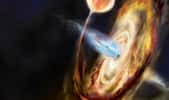 Une vue d'artiste d'un trou noir dans un système binaire accrétant de la matière et produisant des jets de matière gouvernés par la MHD des plasmas relativistes en espace-temps courbe. © Aurore Simonnet, Nasa's Goddard Space Flight Center