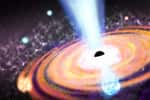 Illustration d'un champ magnétique généré par un trou noir supermassif dans l'univers primitif, montrant des éjections de plasma turbulentes qui transforment les nuages de gaz en étoiles. © Roberto Molar Candanosa, Johns Hopkins University