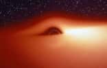 Le champ de gravitation d'un trou noir stellaire entouré d'un disque d'accrétion chaud et lumineux déforme fortement l'image de ce disque. On peut s'en rendre compte avec cette image, extraite d'une simulation de ce que verrait un observateur s'approchant de l'astre compact selon une direction légèrement inclinée au-dessus du disque d'accrétion. La partie du disque située derrière le trou noir semble tordue à 90° et devient visible. Jean-Pierre Luminet a fait la première simulation de ces images en 1979. © Jean-Pierre Luminet, Jean-Alain Marck