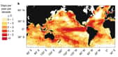 Nombre de jours de canicule par an et par décennie en plus dans les océans entre 1925 et 2016. © Dan Smale et al., Nature Climate Change, 2019
