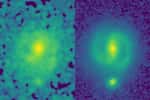 La puissance de JWST pour cartographier les galaxies à haute résolution et à des longueurs d'onde infrarouges plus longues que Hubble lui permet de regarder à travers la poussière et de dévoiler la structure sous-jacente et la masse des galaxies lointaines. On peut le voir sur ces deux images de la galaxie EGS23205, vue telle qu'elle était il y a environ 11 milliards d'années. Dans l'image HST (à gauche, prise dans le filtre proche infrarouge), la galaxie n'est guère plus qu'une tache en forme de disque obscurcie par la poussière et impactée par l'éblouissement des jeunes étoiles, mais dans l'image infrarouge moyenne JWST correspondante (prise l'été dernier), c'est une belle galaxie spirale avec une barre stellaire claire. © Nasa/CEERS/Université du Texas à Austin