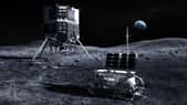 Vue d'artiste de la sonde Resilience sur la Lune avec son petit rover Tenacious. © ispace