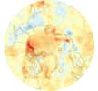 Données acquises entre 2000 et 2014 par plusieurs satellites de la Nasa. Sur cette carte de l’Arctique, on peut visualiser les variations de l’absorption du rayonnement solaire. Les valeurs les plus élevées (jusqu’à 50 watts par m2) sont en rouge. Ces tendances corroborent les observations de la diminution de la banquise dues à un réchauffement important de l’air dans cette région. © Nasa