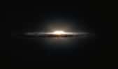 Cette vue d'artiste montre à quoi la Voie lactée ressemblerait si nous l'observions depuis le dessus et sous un angle différent de celui que nous avons depuis la Terre. Le bulbe central apparaît sous la forme d'une cacahuète constituée d'étoiles rougeoyantes, et les bras spiraux ainsi que les nuages de poussières associés constitueraient une bande étroite. © M. Kornmesser et R. Hurt, Eso, Nasa, JPL-Caltech