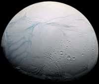 La lune Encelade photographiée par Cassini. Selon un nouveau modèle, l’épaisseur de la banquise de ce satellite de Saturne de 500 km de diamètre atteint 35 km au niveau de son équateur et moins de 5 km dans la région active du pôle sud (rayures à gauche sur l'image) où sont observés des geysers. © Nasa, ESA, JPL, Cassini Imaging Team, SSI