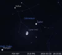 Le 10/03/2014, la&nbsp;Lune est&nbsp;en rapprochement avec Jupiter. © DR