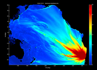 Cette carte montre, en centimètres, les hauteurs estimées (sans l'aide de champs magnétiques) des vagues du terrible tsunami causé par le séisme de 2010 au Chili.&nbsp;L'épicentre se trouvait dans l'océan Pacifique, à 6,4&nbsp;km au large des côtes. Il a traversé le Pacifique en partant des eaux du Chili. © NOAA