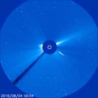 Le 4 août, à 0 h 54 TU (2 h 54 en France métropolitaine), la comète n’était plus très loin du Soleil, qui est ici masqué par le disque central du coronographe de Soho. Le cercle blanc indique sa taille. À droite du Soleil, on distingue les étoiles les plus brillantes de l’amas ouvert Messier 44 (M44), aussi nommé la Ruche ou l’amas de la Crèche. En ce début août, l’astre solaire brille devant la constellation du Cancer (Cancri). © Esa, Nasa, Soho