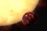 Illustration de 55 Cancri e, alias Janssen, passant devant son étoile. Cette superterre en diamant est située à seulement 40 années-lumière de nous. Son atmosphère ressemblerait à la nôtre. © ESA, Hubble, M. Kornmesser
