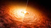 Vue d’artiste de la baisse progressive de luminosité de FU Orionis depuis l’évènement de 1936. Le disque protoplanétaire est représenté autour de ce bébé soleil et pourrait nous en dire long sur la formation des planètes. © Nasa, JPL-Caltech, T. Pyle (IPAC)
