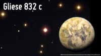 Illustration de la superterre Gliese 832c. À l’arrière-plan : photo de Gliese 832, naine rouge visible dans la constellation australe de la Grue, à 16 années-lumière de la Terre. © Efraín Morales Rivera (Astronomical Society of the Caribbean), PHL, UPR Arecibo