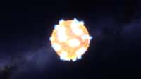 Illustration du flash lumineux produit lorsque l’onde de choc qui traverse la supergéante rouge après l’effondrement de son cœur atteint la surface et la déchire. Dans le cas de KSN 2011d, 500 fois plus grosse que le Soleil, elle a parcouru ses entrailles en environ 20 minutes. L’étoile vit ses derniers instants avant l’explosion. © Nasa, Ames, STScI