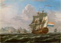 Navires de la Compagnie des Indes hollandaise, passage du Cap de Bonne Espérance,&nbsp;1762&nbsp;© Wikimedia commons, domaine public
