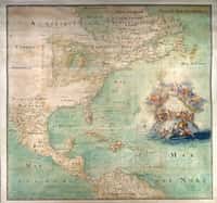 Carte de l'Amérique septentrionale avec la représentation du Canada ou Nouvelle-France, datée de 1681, dessinée par l'abbé Claude Bernou. © Bibliothèque nationale de France, domaine public.