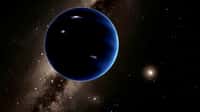 Une vue d'artiste de la neuvième planète qui existe peut-être à plus de 200 fois la distance de la Terre au Soleil, loin au-delà de l'orbite de Pluton. On estime actuellement sa masse à environ 10 fois celle de la Terre. Elle devrait, logiquement, être enveloppée par une épaisse atmosphère d'hydrogène et d'hélium qui la ferait ressembler à Neptune. La trouvera-t-on grâce à la relativité génrale et à la sonde Cassini ? © Caltech, R. Hurt (IPAC)