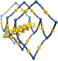 Une représentation de la molécule de dicyanoaurate de zinc, de formule Zn[Au(CN)2]2. Elle est constituée d'une sorte d'hélice en or en forme de ressort inscrite dans un cadre en nid d'abeille flexible. Les boules grises sont des atomes de carbone, celles en violet de l'azote, et le reste du zinc. Le matériau obtenu est transparent, et il présente un phénomène de compression linéaire négative géante : il se dilate quand on le comprime. © Andrew Goodwin
