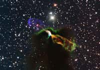 Cette image sans précédent de l'objet de Herbig-Haro HH 46/47 combine des observations radio réalisées avec le Grand réseau d'antennes (sub-)millimétrique de l'Atacama (Alma) et des observations dans des longueurs d'onde bien plus courtes en lumière visible réalisées avec le New Technology Telescope (NTT) de l'ESO. Les observations d'Alma (en orange et en vert, en bas à droite) de l'étoile nouvellement née révèlent un grand jet d'énergie s'éloignant de la Terre. Ce jet est indétectable&nbsp;dans le visible car il est caché par la poussière et le gaz. Sur la gauche (en rose et en violet) la partie visible du jet est observée se déplaçant en partie en direction de la Terre.&nbsp;©&nbsp;ESO/Alma (ESO/NAOJ/NRAO)/H. Arce,&nbsp;Bo Reipurth