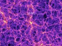 Sur cette image provenant d'une des meilleures simulations de la formation des grandes structures de l'univers, des filaments de matière noire contenant des superamas de galaxies apparaissent clairement. On note aussi la présence de grands vides que l'on appelle parfois des vides cosmiques (cosmic voids en anglais) La barre blanche indique l'échelle des distances en mégaparsecs corrigée par le facteur h lié à la constante de Hubble. On estime que h est compris entre 0,65 et 0,70, la meilleure estimation en 2014 étant de 0,68. © Max Planck Institute for Astrophysics, Millennium Simulation Project