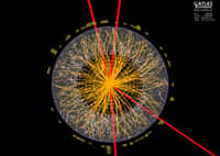 Cette image montre, reconstituée à l'ordinateur après filtrage de bien des évènements parasites, la désintégration d'un boson de Brout-Englert-Higgs au cœur du détecteur Atlas du LHC. Le boson a donné quatre particules chargées, des muons dont les trajectoires ont été colorées en rouge. © Cern, Collaboration Atlas