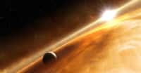 Autour de la jeune étoile CI Tau – ici, une illustration du Jupiter chaud –, gravitent quatre planètes géantes gazeuses, sur une gamme d’orbites la plus extrême jamais observée. © L. Calcada, NASA, ESA, STScI