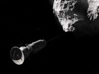 Un jour, une sonde s'accrochera peut-être à une comète à l'aide d'un câble, comme sur ce montage d'artiste inspiré du projet Comet Hitchhiker. Un tel procédé permet d'envisager des missions à faible coût, avec peu de carburant, pour explorer une dizaine de comètes à longues périodes afin d'en apprendre plus sur la formation du Système solaire et l'origine de la vie. © Nasa/JPL-Caltech/Cornelius Dammrich
