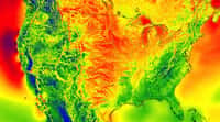 D'après des chercheurs de la National Oceanic and Atmospheric Administration (NOAA), cette carte représente le potentiel de production d'électricité éolienne aux États-Unis. Les régions où ce potentiel est le plus élevé sont en rouge, celles où il est le plus bas sont en bleu. © Chris Clack, CIRES