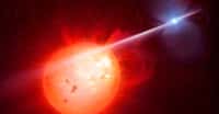 Cette vue d’artiste montre l’étrange système d’étoile double AR Scorpii. Une naine blanche (à droite), en rotation rapide, accélère les électrons jusqu'à une vitesse proche de celle de la lumière. Ces particules libèrent alors un rayonnement en faisceau qui touche l’étoile compagnon, une naine rouge (à gauche), avec un rythme de 1,97 minute. Le résultat est l'émission d'un rayonnement s’étendant de l’ultraviolet au domaine radio. © M. Garlick, University of Warwick, Eso