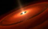 Une vue d'artiste d'une jeune étoile en phase T-Tauri avec deux jets de matière et entourée d'un disque protoplanétaire. On peut y voir la formation d'une exoplanète creusant une cavité dans ce disque de gaz et de poussières. © NAOJ 