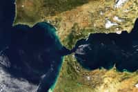 Le détroit de Gibraltar est la voie navigable entre le sud de la péninsule ibérique et la pointe ouest de l’Afrique du Nord. Au passage le plus étroit, l’Europe et l’Afrique sont séparées par un peu plus de 14 km. Le détroit de Gibraltar sépare l’océan atlantique (à l’ouest) et la mer Méditerranée (à l’est). Il est stratégiquement très important, car c’est le point d’entrée de l’Atlantique dans la Méditerranée emprunté par des centaines de navires, qu’ils soient civils ou militaires. Le Portugal (en haut à gauche), l’Espagne (en haut à droite), le Maroc (en bas au centre), et l’Algérie (en bas à droite) sont bien visibles sur cette image du détroit et de la région qui a été capturée le 19 Décembre 2008 par le satellite Aqua. © Jeff Schmaltz, Modis Land Rapid Response Team, Nasa GSFC