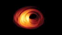 Illustration artistique, dans les ondes radio millimétriques, de l'horizon du trou noir au centre de notre galaxie, la Voie lactée. © M. Moscibrodzka, T. Bronzwaar et H. Falcke, Radboud Univ.