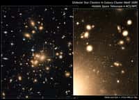Hubble a été utilisé pour obtenir dans le visible des images de l'amas de galaxies Abell 1689, que l'on voit à gauche. En zoomant (image de droite), on observe des galaxies entourées de sortes de flocons de neige : il s'agit en fait d'amas globulaires. C'est le plus grand groupement d'amas de ce genre connu. Les mesures indiquent que cette densité élevée est en relation avec celle de la matière noire, qui serait elle aussi importante au cœur de cet amas. © Nasa, Esa