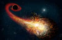 Aux confins de notre Système solaire, des milliers de petits corps glacés constituent ce que les astronomes appellent la ceinture de Kuiper. Six de ces objets présentent des orbites étranges, comme si elles étaient perturbées par une mystérieuse planète, la planète X ou planète 9. Et des physiciens imaginent aujourd’hui que cette planète 9 pourrait en fait être un trou noir. Sur cette image d'artiste, ce trou noir produit une éruption dans son disque d'accrétion en raison de l'arrivée d'une comète. © M. Weiss