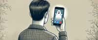 Une personne de dos regarde son écran de smartphone sur lequel apparaît une notification d'appel et une image de fantôme. © Futura avec DALL·e, généré par IA   