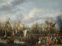 Embarquement de Guillaume d'Orange avec ses partisans pour l'Angleterre, en octobre 1688, depuis le port de Hellevoetsluis en Hollande. © Wikimedia Commons, domaine public