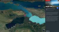 Capture d’écran de Google Earth. Les flèches rouges indiquent les emplacements des caméras d’Explore.org diffusant des vidéos en direct du Parc national de Katmai, en Alaska. © Google Earth