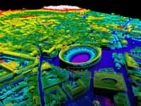 Visualisation en 3D des arènes de Nîmes grâce au nuage de points collectés grâce au Lidar. © IGN