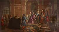 Louis XIV reçoit le doge de Gênes dans la Galerie des Glaces, à Versailles, en mai 1685. Carton de tapisserie réalisé par Claude-Guy Hallé en 1715, commandé par le roi à la manufacture des Gobelins. Château de Versailles. © Wikimedia Commons, domaine public