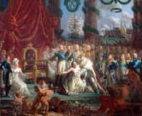 Allégorie du retour des Bourbons le 24 avril 1814 : Louis XVIII relevant la France de ses ruines. © Louis-Philippe Crépin, Wikimedia Commons, Domaine public