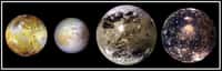 Io, Europe, Ganymède et Callisto : les quatre satellites galiléens, vus par la sonde Galileo en novembre 1997. © Nasa, JPL, DLR