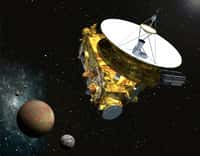 La petite sonde New Horizons (moins de 500 kg, ici en vue d'artiste à côté de Pluton et de Charon) est partie en 2006. Elle n'est qu'à huit jours de son survol historique, le 14 juillet prochain. © Nasa, JPL