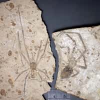 Sur la droite de cette photographie se trouve la plus grande araignée fossile connue, celle qui a été décrite en 2011. Il s'agit d'une Mongolarachne jurassica de sexe féminin. À gauche se trouve le fossile de l'individu mâle décrit en 2013. © Selden et al., 2013, Naturwissenschaften
