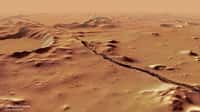 Vue en perspective d'une faille dans la région de Cerberus Fossae photographiée par la sonde Mars Express. © ESA, DLR, FU Berlin, CC by-sa 3.0 IGO