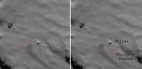 Le 12 novembre à 15 h 32 TU (16 h 32 en France métropolitaine, 511 millions de kilomètres plus loin), Philae a touché le sol de la comète 67P/Churyumov-Gerasimenko, soulevant un nuage de poussières (à gauche). À droite, un examen détaillé de l'image prise 3 mn 34 s avant le contact a révélé l'atterrisseur Philae lui-même, mais aussi son ombre (shadow). Dans les minutes qui ont suivi, l'atterrisseur était reparti pour une dernière promenade. © Esa/Rosetta/NAVCAM – CC BY-SA IGO 3.0