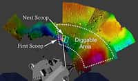 Carte topographique en trois dimensions du sol martien où est entourée la zone directement accessible par le bras robotisé et où les premières zones d’examen sont mentionnées. Crédit Nasa/Université d’Arizona.