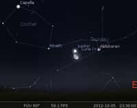 Le 05/10/2012 : la Lune en rapprochement avec Jupiter et Aldébaran. ©