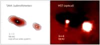 Dans le domaine submillimétrique, les deux disques de poussière autour des étoiles de 253-1536 sont clairement visibles à gauche, si on compare l'image obtenue avec Hubble à droite. Crédit : University of Hawaii, Nathan Smith, University of California at Berkeley